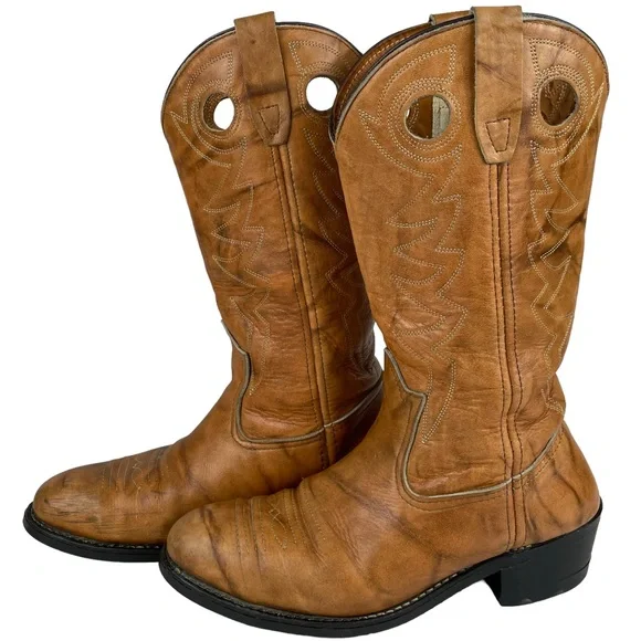 Vintage Cowhide Steel-toe Western Cowboy Brown Leather Boots Stitchwork Mens 8.5 - Picture 12 of 16